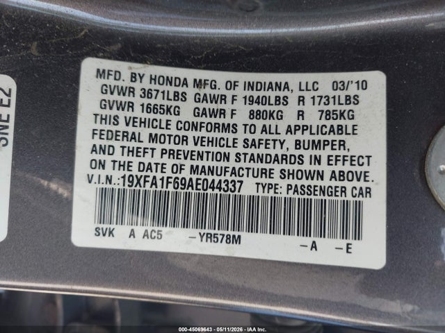 45069643 :رقم المزاد ، 19XFA1F69AE044337 vin ، 2010 Honda Civic Lx-s مزاد بيع