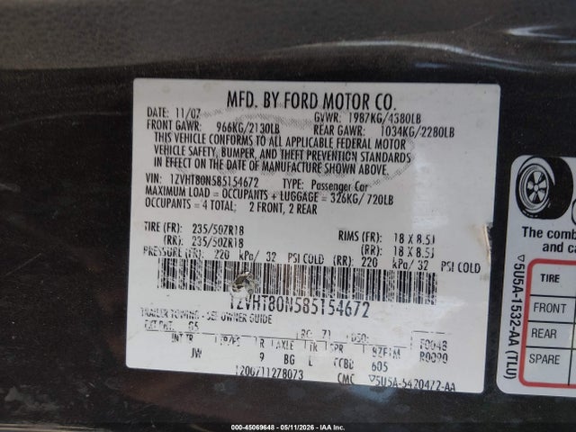45069648 :رقم المزاد ، 1ZVHT80N585154672 vin ، 2008 Ford Mustang V6 Deluxe/v6 Premium مزاد بيع