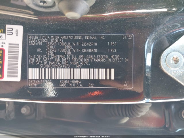 2022 Toyota Highlander Hybrid Xle მანქანა იყიდება აუქციონზე, vin: 5TDHBRCHXNS544870, აუქციონის ნომერი: 45069658