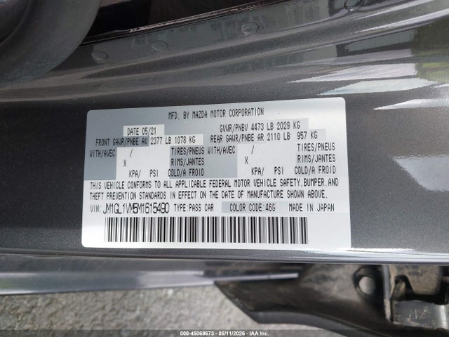 45069673 :رقم المزاد ، JM1GL1VM5M1615490 vin ، 2021 Mazda Mazda6 Touring مزاد بيع