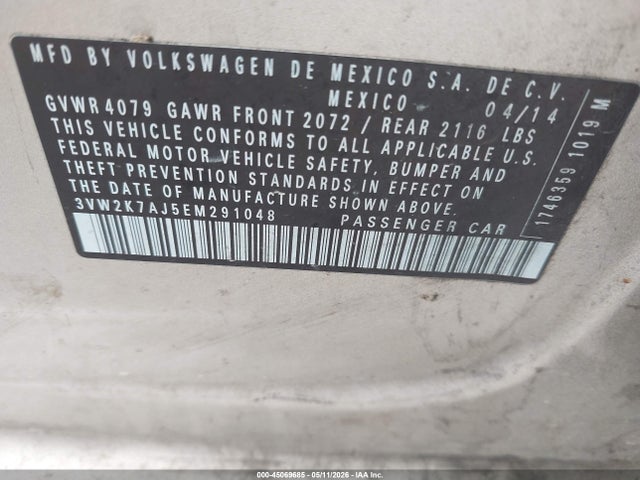 2014 Volkswagen Jetta 2.0l S მანქანა იყიდება აუქციონზე, vin: 3VW2K7AJ5EM291048, აუქციონის ნომერი: 45069685