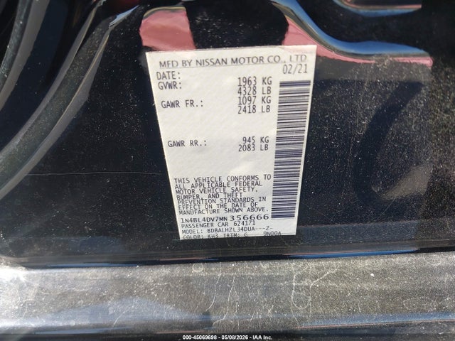 Продажа на аукционе авто 2021 Nissan Altima Sv Fwd, vin: 1N4BL4DV7MN356666, номер лота: 45069698