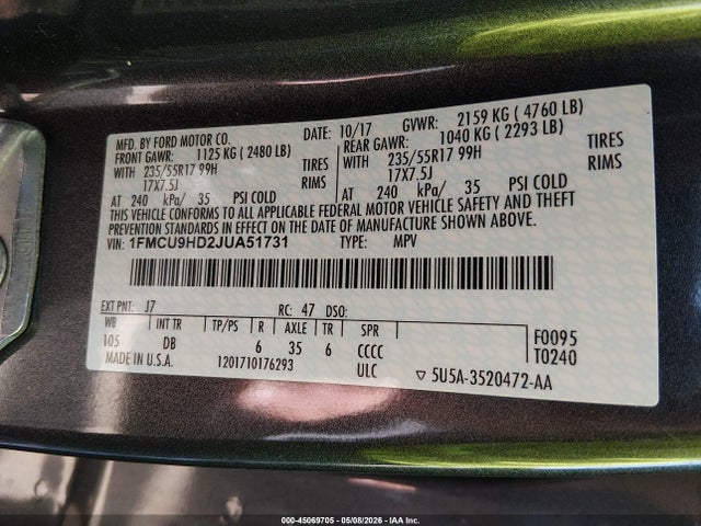Aukcja sprzedaży 2018 Ford Escape Sel, vin: 1FMCU9HD2JUA51731, numer aukcji: 45069705