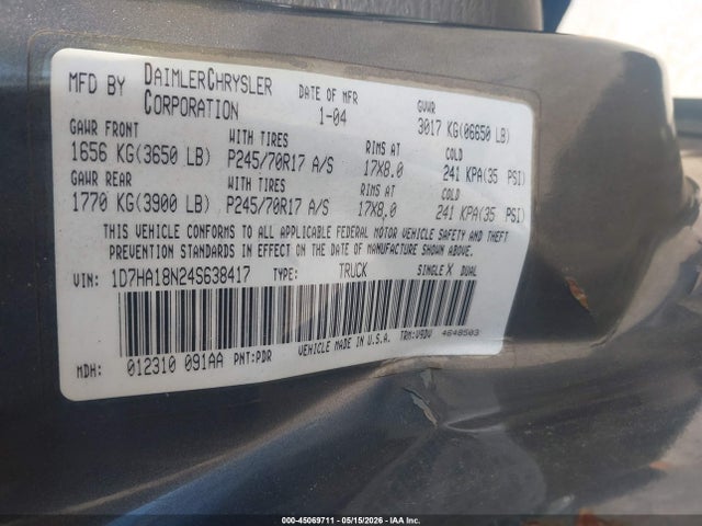 Продажа на аукционе авто 2004 Dodge Ram 1500 Slt/laramie, vin: 1D7HA18N24S638417, номер лота: 45069711