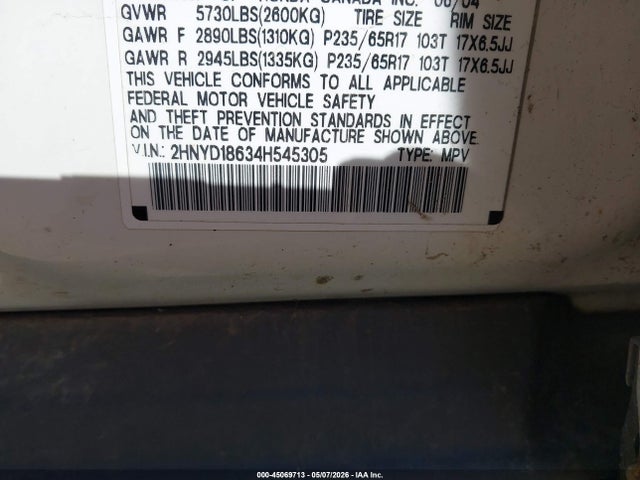 45069713 :رقم المزاد ، 2HNYD18634H545305 vin ، 2004 Acura Mdx مزاد بيع