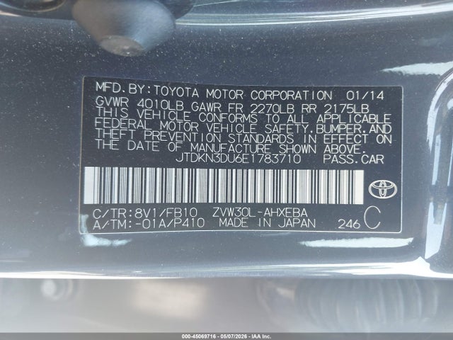 Продажа на аукционе авто 2014 Toyota Prius Two, vin: JTDKN3DU6E1783710, номер лота: 45069716
