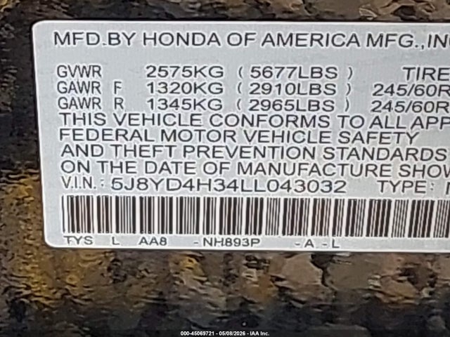 Aukcja sprzedaży 2020 Acura Mdx Standard, vin: 5J8YD4H34LL043032, numer aukcji: 45069721