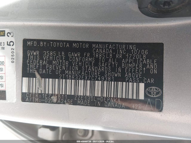 Продажа на аукционе авто 2007 Toyota Corolla Le, vin: 2T1BR32EX7C749381, номер лота: 45069726