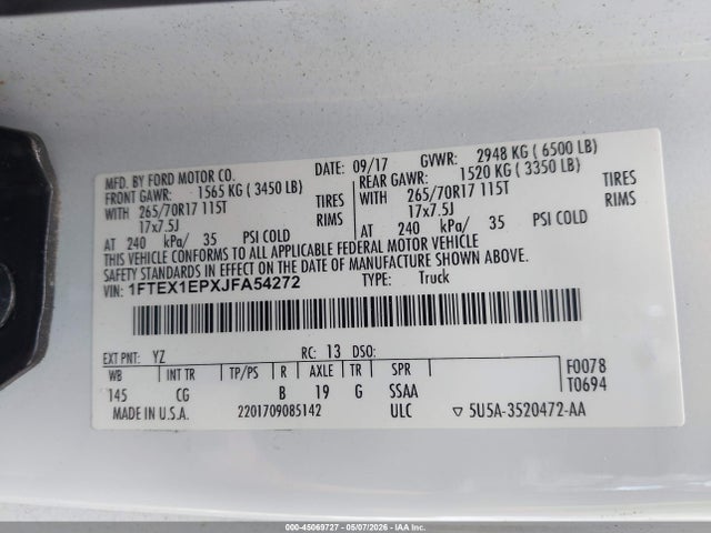 2018 Ford F-150 Xl მანქანა იყიდება აუქციონზე, vin: 1FTEX1EPXJFA54272, აუქციონის ნომერი: 45069727
