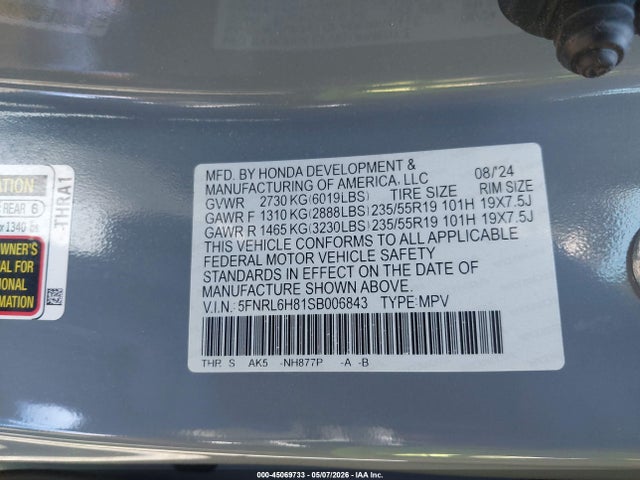 Aukcja sprzedaży 2025 Honda Odyssey Touring, vin: 5FNRL6H81SB006843, numer aukcji: 45069733