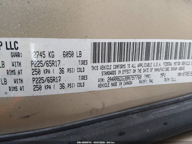 Продаж на аукціоні авто 2011 Chrysler Town & Country Limited, vin: 2A4RR6DG3BR797760, номер лоту: 45069742