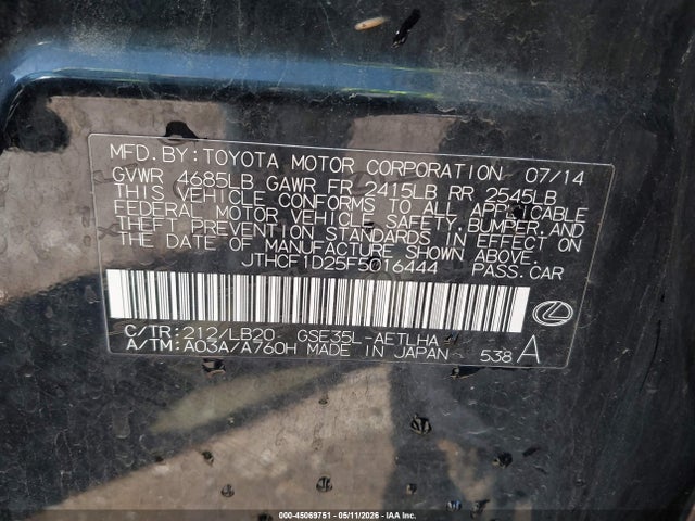 45069751 :رقم المزاد ، JTHCF1D25F5016444 vin ، 2015 Lexus Is 250 مزاد بيع