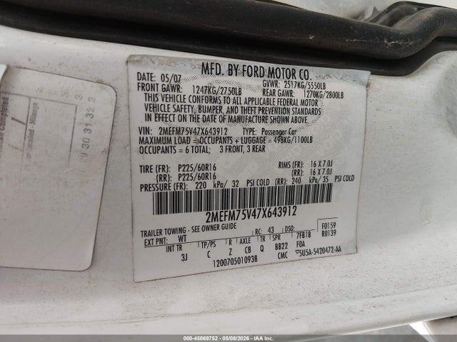 2007 Mercury Grand Marquis Ls მანქანა იყიდება აუქციონზე, vin: 2MEFM75V47X643912, აუქციონის ნომერი: 45069752