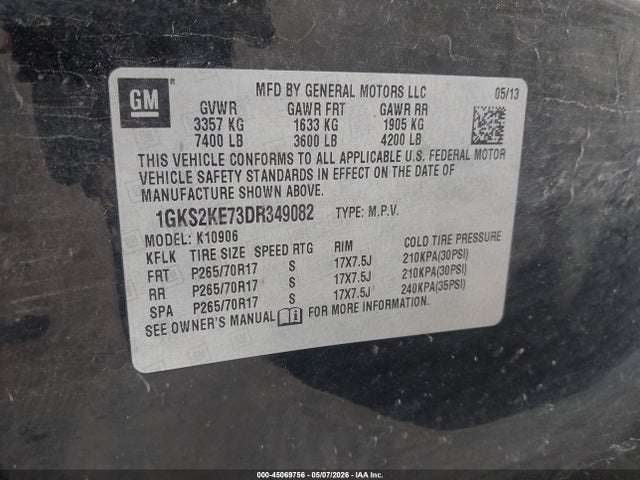 45069756 :رقم المزاد ، 1GKS2KE73DR349082 vin ، 2013 Gmc Yukon Xl 1500 Slt مزاد بيع