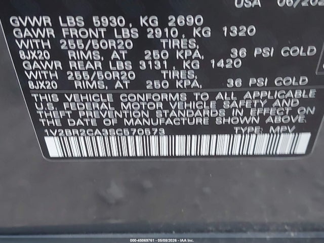 2025 Volkswagen Atlas 2.0t Sel მანქანა იყიდება აუქციონზე, vin: 1V2BR2CA3SC570573, აუქციონის ნომერი: 45069761