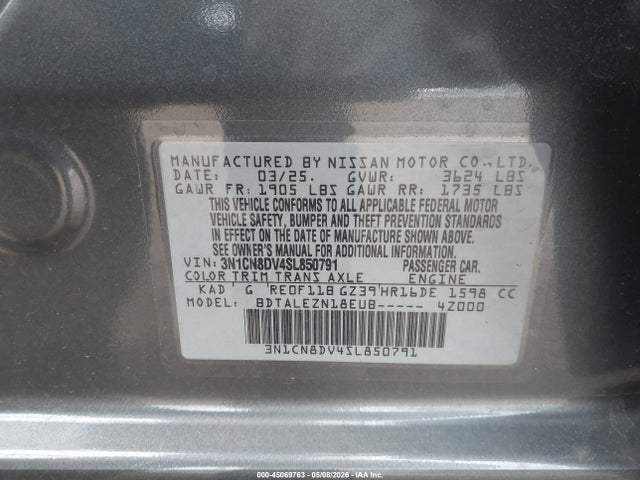 45069763 :رقم المزاد ، 3N1CN8DV4SL850791 vin ، 2025 Nissan Versa 1.6 S مزاد بيع