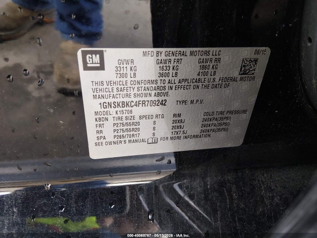 45069767 :رقم المزاد ، 1GNSKBKC4FR709242 vin ، 2015 Chevrolet Tahoe Lt مزاد بيع