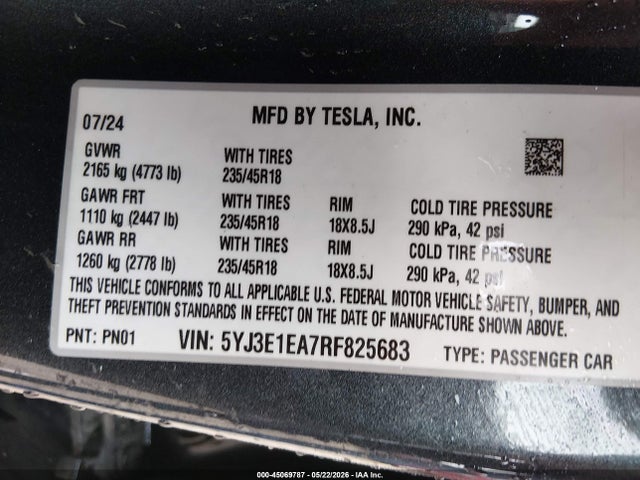 Продажа на аукционе авто 2024 Tesla Model 3 Long Range Dual Motor All-wheel Drive/rear-wheel Drive, vin: 5YJ3E1EA7RF825683, номер лота: 45069787