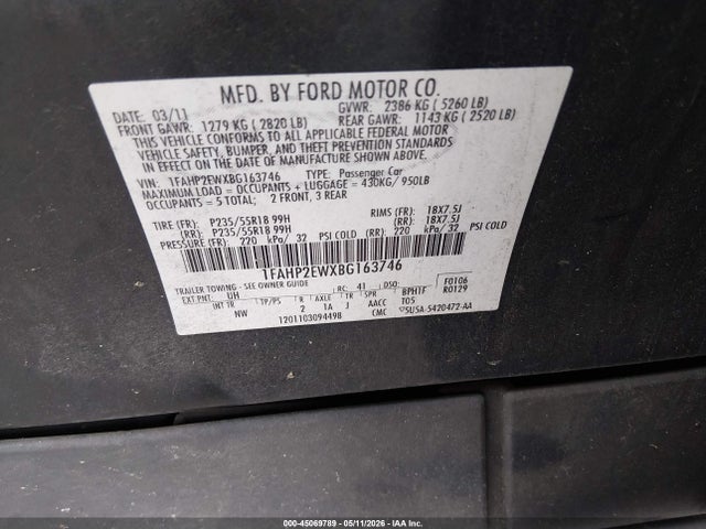 Продажа на аукционе авто 2011 Ford Taurus Sel, vin: 1FAHP2EWXBG163746, номер лота: 45069789