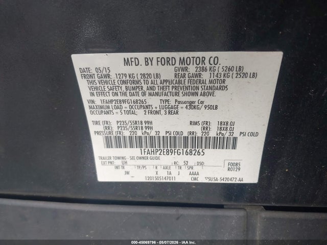 45069796 :رقم المزاد ، 1FAHP2E89FG168265 vin ، 2015 Ford Taurus Sel مزاد بيع