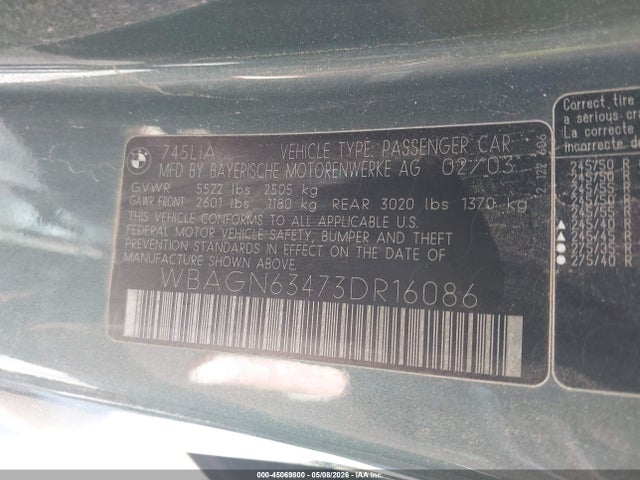2003 Bmw 745li მანქანა იყიდება აუქციონზე, vin: WBAGN63473DR16086, აუქციონის ნომერი: 45069800