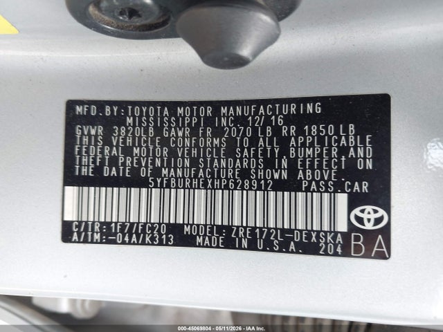 Aukcja sprzedaży 2017 Toyota Corolla Se, vin: 5YFBURHEXHP628912, numer aukcji: 45069804
