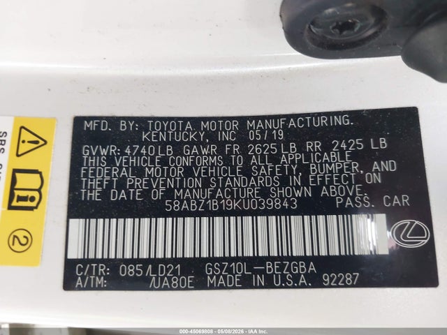 Aukcja sprzedaży 2019 Lexus Es 350, vin: 58ABZ1B19KU039843, numer aukcji: 45069808