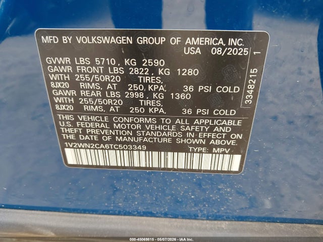 Aukcja sprzedaży 2026 Volkswagen Atlas Se With Technology, vin: 1V2WN2CA6TC503349, numer aukcji: 45069815