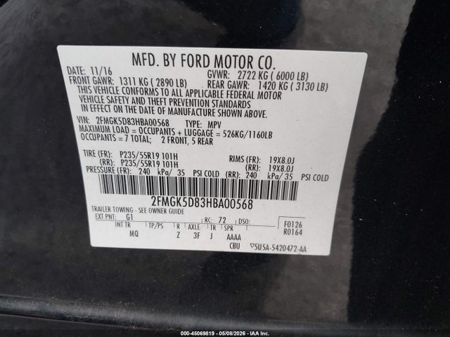 45069819 :رقم المزاد ، 2FMGK5D83HBA00568 vin ، 2017 Ford Flex Limited مزاد بيع