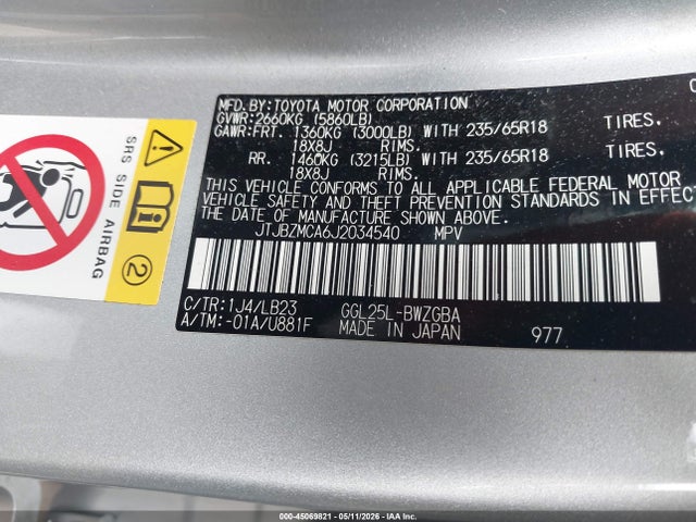 45069821 :رقم المزاد ، JTJBZMCA6J2034540 vin ، 2018 Lexus Rx 350 مزاد بيع