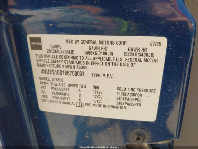 Продаж на аукціоні авто 2006 Isuzu Ascender S, vin: 4NUES16S166700067, номер лоту: 45069856
