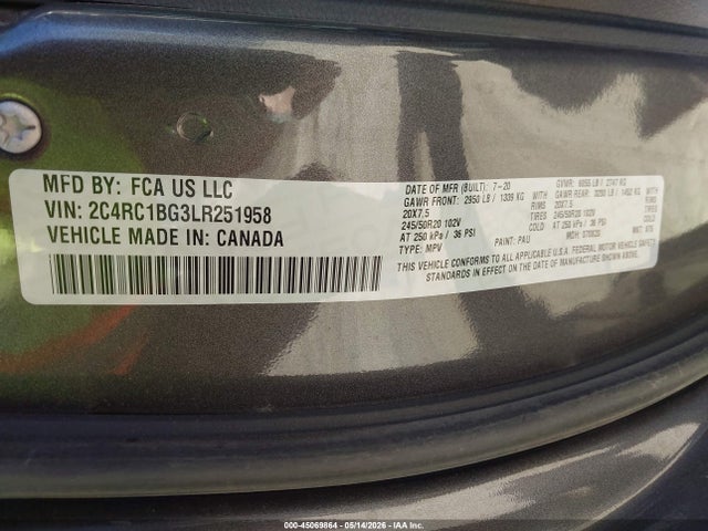 Aukcja sprzedaży 2020 Chrysler Pacifica Touring L, vin: 2C4RC1BG3LR251958, numer aukcji: 45069864