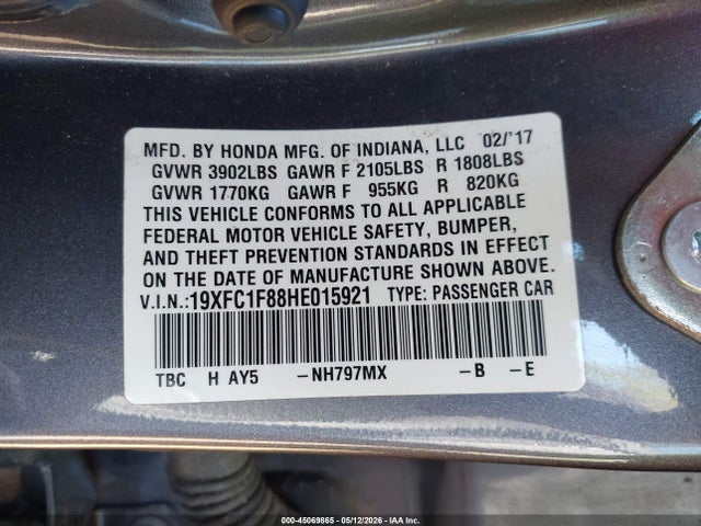 Aukcja sprzedaży 2017 Honda Civic Ex-l, vin: 19XFC1F88HE015921, numer aukcji: 45069865
