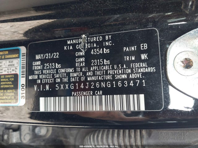 2022 Kia K5 Lxs მანქანა იყიდება აუქციონზე, vin: 5XXG14J26NG163471, აუქციონის ნომერი: 45069870