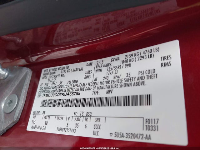 Продажа на аукционе авто 2019 Ford Escape Se, vin: 1FMCU9GD3KUA66788, номер лота: 45069877