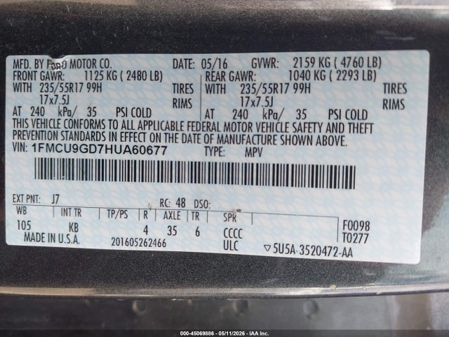 45069886 :رقم المزاد ، 1FMCU9GD7HUA60677 vin ، 2017 Ford Escape Se مزاد بيع