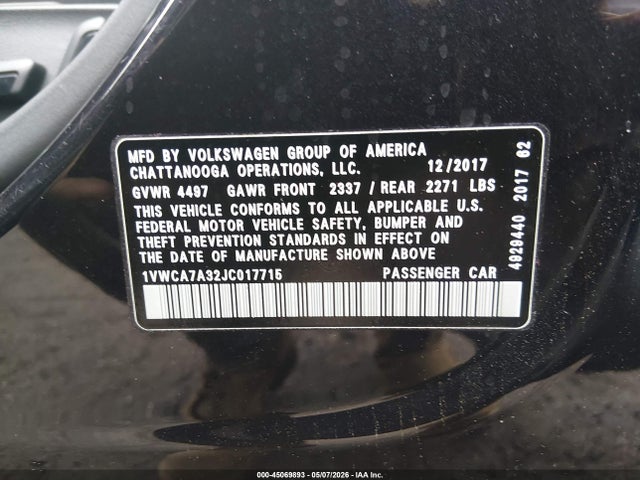45069893 :رقم المزاد ، 1VWCA7A32JC017715 vin ، 2018 Volkswagen Passat 2.0t Sel Premium مزاد بيع