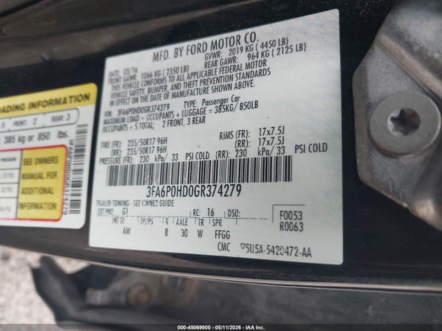 Продажа на аукционе авто 2016 Ford Fusion Se, vin: 3FA6P0HD0GR374279, номер лота: 45069900