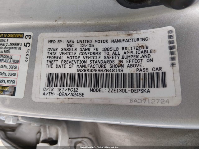 2006 Toyota Corolla S მანქანა იყიდება აუქციონზე, vin: 1NXBR32E96Z648149, აუქციონის ნომერი: 45069907