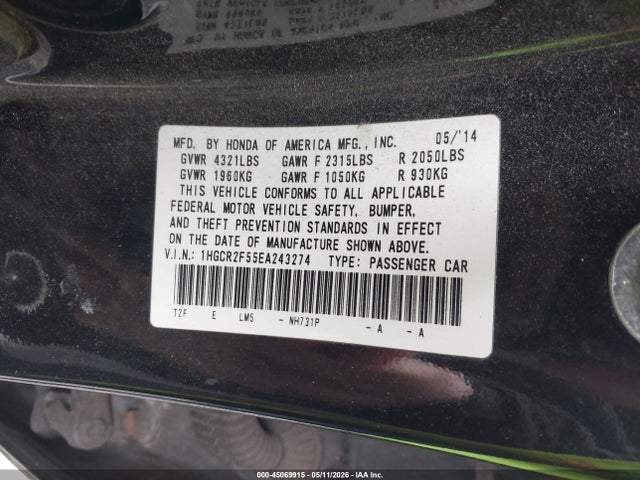 2014 Honda Accord Sport მანქანა იყიდება აუქციონზე, vin: 1HGCR2F55EA243274, აუქციონის ნომერი: 45069915