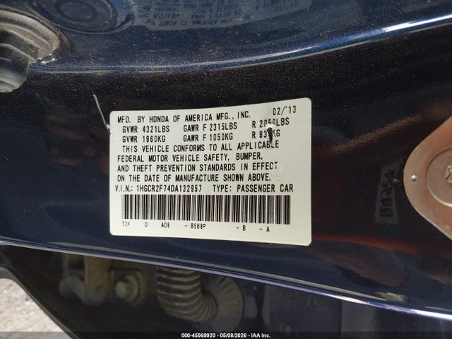 45069920 :رقم المزاد ، 1HGCR2F74DA132957 vin ، 2013 Honda Accord Ex مزاد بيع