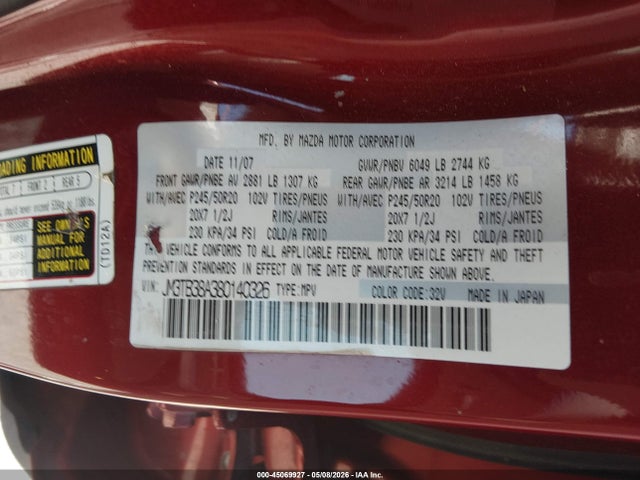 Aukcja sprzedaży 2008 Mazda Cx-9 Grand Touring, vin: JM3TB38A380140326, numer aukcji: 45069927