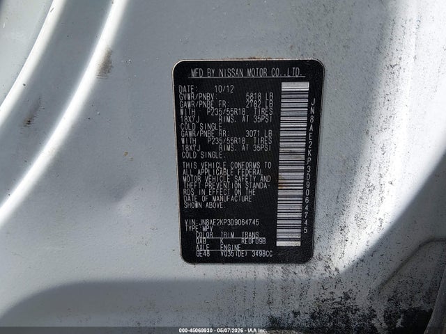 Auction sale of the 2013 Nissan Quest Sl, vin: JN8AE2KP3D9064745, lot number: 45069930