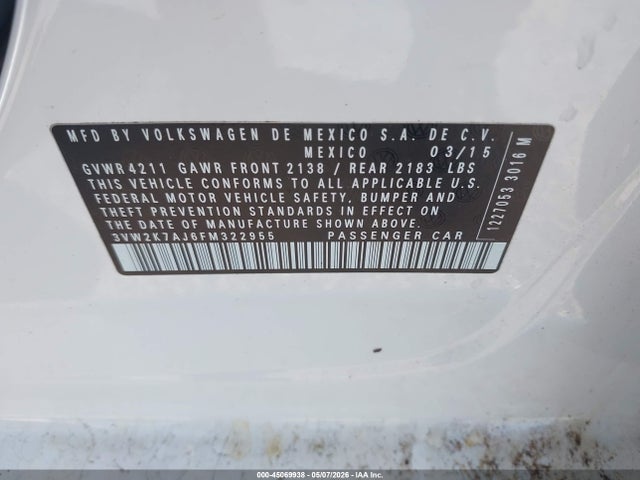 Aukcja sprzedaży 2015 Volkswagen Jetta 2.0l S, vin: 3VW2K7AJ6FM322955, numer aukcji: 45069938