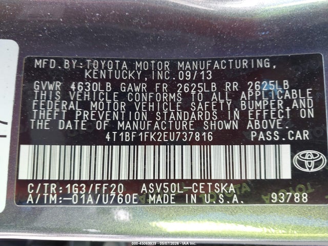 Продажа на аукционе авто 2014 Toyota Camry Se, vin: 4T1BF1FK2EU737816, номер лота: 45069939