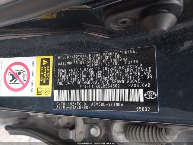 2016 Toyota Camry Le მანქანა იყიდება აუქციონზე, vin: 4T4BF1FK0GR564502, აუქციონის ნომერი: 45069957