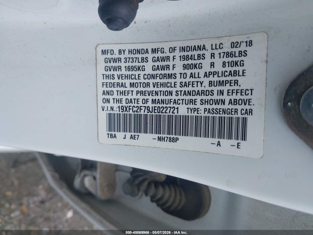 Aukcja sprzedaży 2018 Honda Civic Ex, vin: 19XFC2F79JE022721, numer aukcji: 45069966