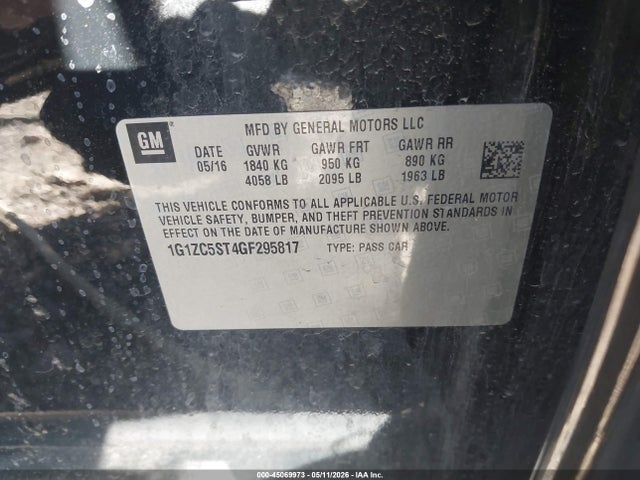 2016 Chevrolet Malibu 1fl მანქანა იყიდება აუქციონზე, vin: 1G1ZC5ST4GF295817, აუქციონის ნომერი: 45069973