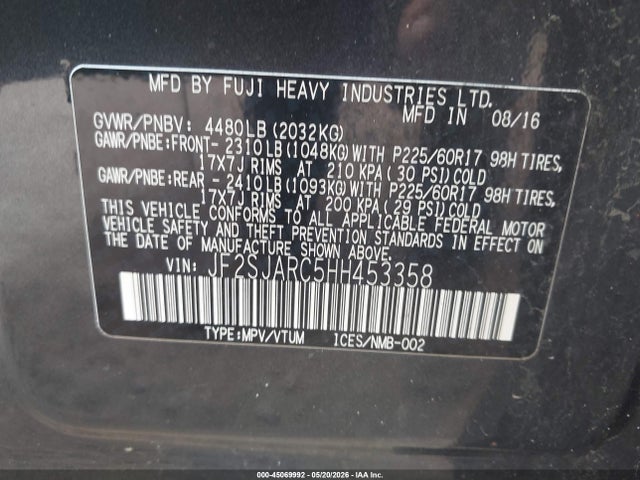 Продажа на аукционе авто 2017 Subaru Forester 2.5i Limited, vin: JF2SJARC5HH453358, номер лота: 45069992