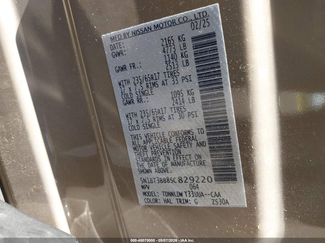 2025 Nissan Rogue Rock Creek მანქანა იყიდება აუქციონზე, vin: 5N1BT3BB8SC829220, აუქციონის ნომერი: 45070000